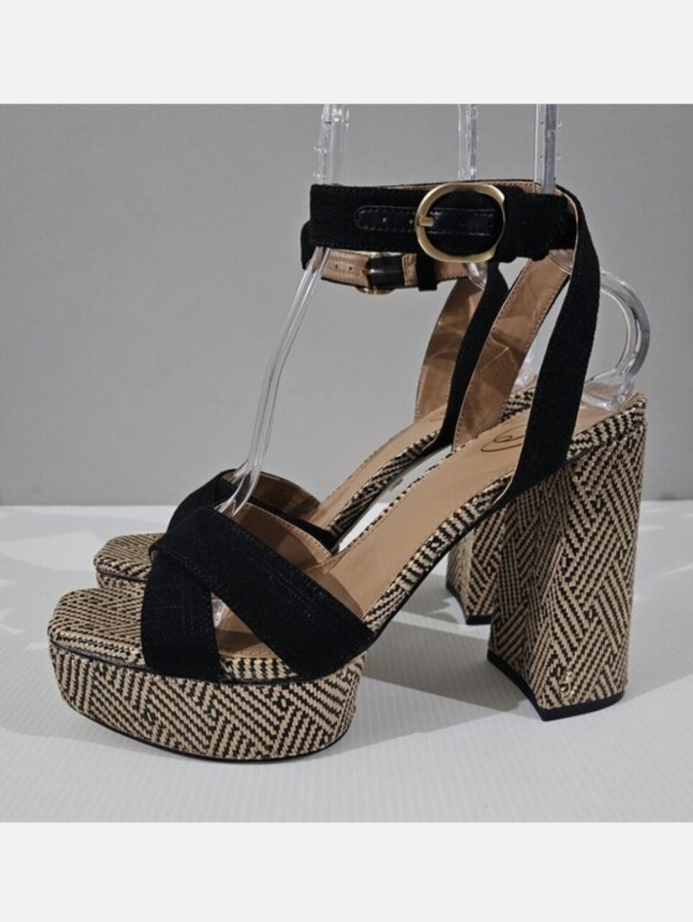 Sam Edelman Nolita Platform Block Heel Sandal Womens 10.5 Black Linen Chunky